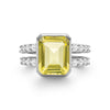 Warren ring in 14k white gold with accent diamonds featuring one 10 x 8 mm emerald cut lemon verbena quartz - front view