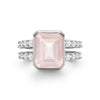 Warren ring in 14k white gold with accent diamonds featuring one 10 x 8 mm emerald cut bezel set rose quartz - front view