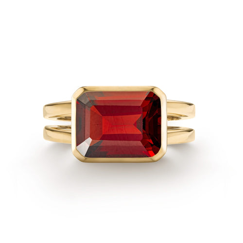 Warren Horizontal Garnet Ring, featuring an emerald-cut 8 x 10mm Garnet in 14k gold, hand-set horizontally in a 14k-gold bezel - front view.