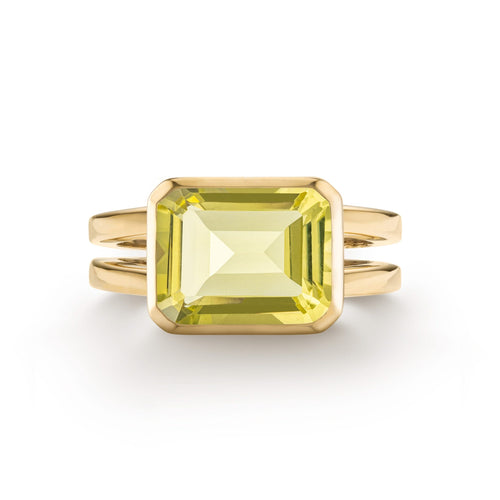 Warren Horizontal Lemon Verbena Quartz Ring, featuring an emerald-cut 8 x 10mm Lemon Verbena Quartz in 14k gold, hand-set horizontally in a 14k-gold bezel - front view.