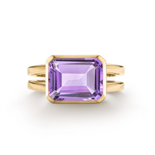 Warren Horizontal Amethyst Ring in 14k gold, featuring a hand-faceted, bezel-set 8x10mm amethyst - front view