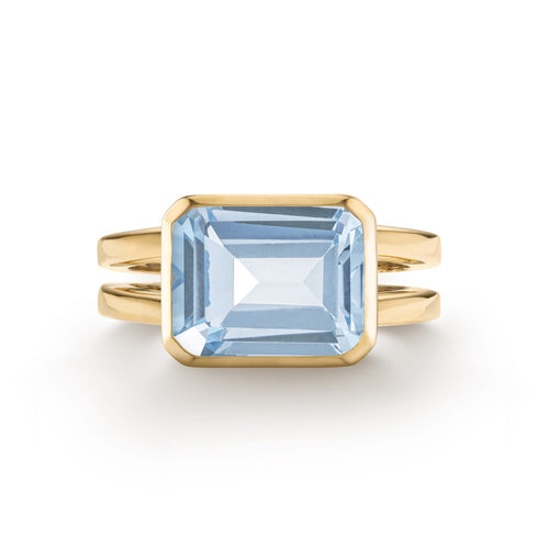 Warren Horizontal Aquamarine Ring, featuring an Aquamarine-cut 8 x 10mm Aquamarine in 14k gold, hand-set horizontally in a 14k-gold bezel - front view.