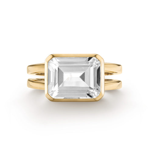 Personalized Warren Horizontal Birthstone Ring with emerald-cut birthstone, hand-set horizontally in a 14k-gold bezel - front view