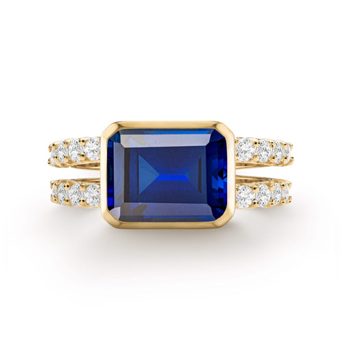Warren Horizontal Sapphire Ring with Diamonds, featuring an 8 x 10mm Sapphire and 16 prong-set diamonds in 14k gold - front view.