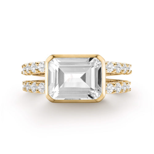 Personalized Warren Horizontal Birthstone Ring with a stunning emerald-cut birthstone, set horizontally and accented with 16 prong-set gemstones in solid 14k gold - front view