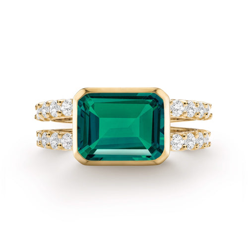 Warren Horizontal Emerald Ring with Diamonds, featuring an 8 x 10mm Emerald and 16 prong-set diamonds in 14k gold - front view.