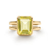 Warren ring in 14k yellow gold featuring one 10 x 8 mm emerald cut bezel set lemon verbena quartz - front view
