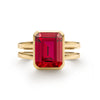Warren ring in 14k yellow gold featuring one 10 x 8 mm emerald cut bezel set ruby - front view