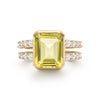 Warren ring in 14k yellow gold with accent diamonds featuring one 10 x 8 mm emerald cut lemon verbena quartz - front view