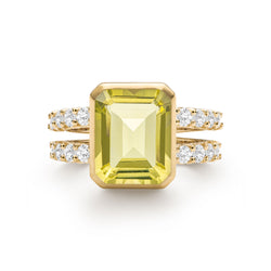 Warren Vertical Lemon Verbena Quartz Ring with Diamonds in 14k Gold (August)