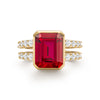 Warren ring in 14k yellow gold with accent diamonds featuring one 10 x 8 mm emerald cut bezel set ruby - front view