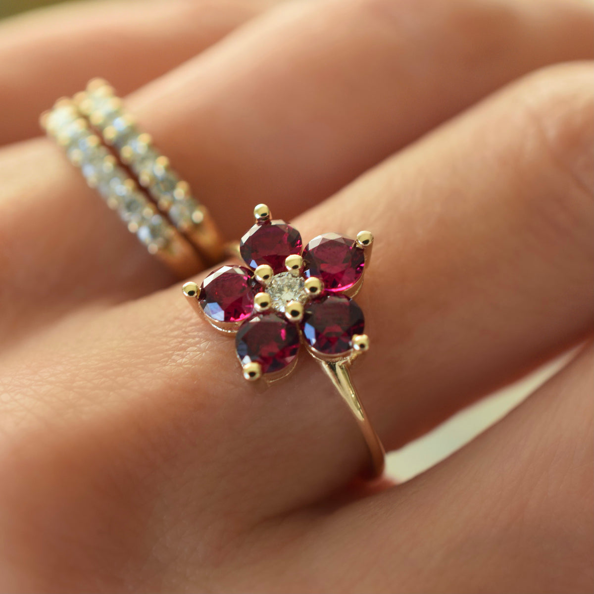 Vintage ruby and diamond flower ring Clearance