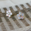 Pair of 14k yellow gold Greenwich 5 Birthstone earrings each featuring five 4 mm round cut opals and one 2.1 mm diamond