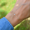 Woman wearing a Bayberry cable chain birthstone bracelet featuring three 4 mm briolette moonstones bezel set in 14k gold