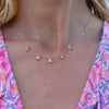 Woman wearing a Providence 5 Citrine drop necklace with petite baguette cut stones set in 14k yellow gold