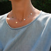 Woman wearing a 14k yellow gold Classic necklace featuring five birthstones and five 1/4” flat letter-engraved discs