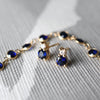 Necklace and a pair of 14k gold Greenwich 1 Birthstone earrings each featuring one 4 mm sapphire and one 2.1 mm diamond