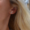 Woman wearing a 14k yellow gold Grand stud earring featuring one 6 mm briolette cut bezel set white topaz